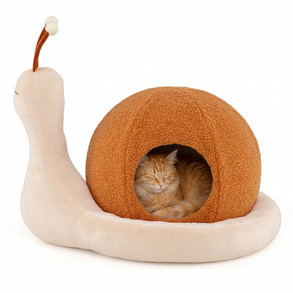 2-in-1 Cute Snail-Shaped Kitten Bed Cave, a plush brown snail-shaped cat bed with a cosy opening