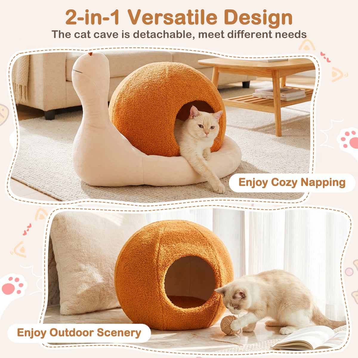 The cat furniture, a snail-shaped cat bed with a cat inside and another outside