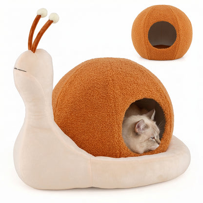 the cat furniture, a cat resting inside the snail shell opening with another cat nearby