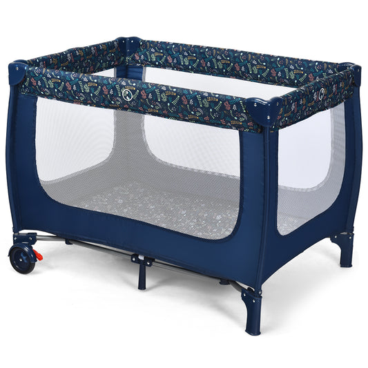 2-in-1 Foldable Baby Playpen with Lockable Wheels and Mattress in blue with a floral pattern on the mesh trim