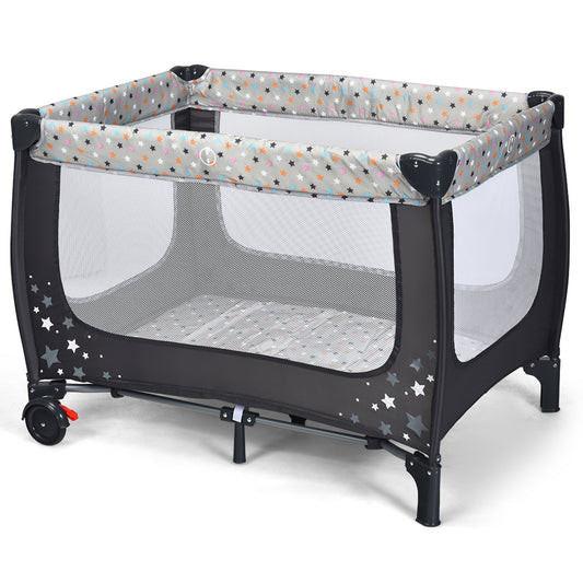 2-in-1 Foldable Baby Playpen with Lockable Wheels and Mattress in grey with star pattern
