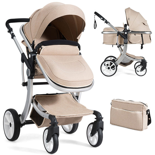 2 in 1 Foldable Baby Stroller with rain cover and mosquito net in beige