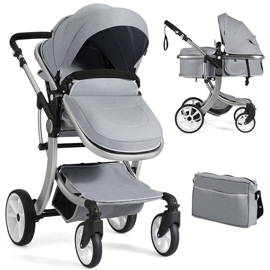 2 in 1 Foldable Baby Stroller in grey, shown with the bassinet attached and a matching changing bag
