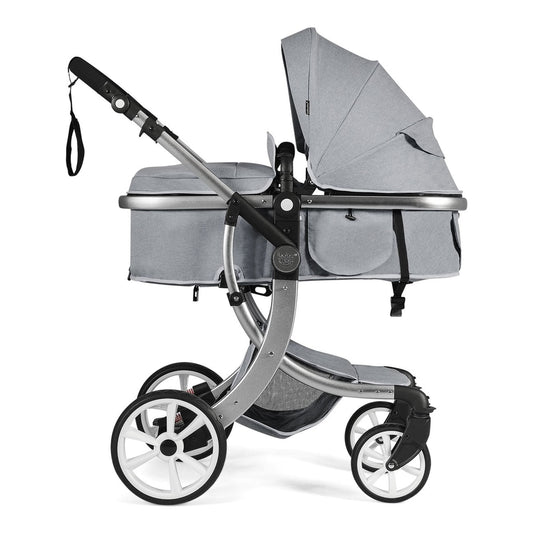 The grey baby stroller with the bassinet and canopy extended, showing the chassis and wheels