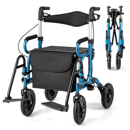 2-in-1 Foldable Rollator Walker with Seat and Pneumatic Tires in navy blue, shown from the front with the seat up