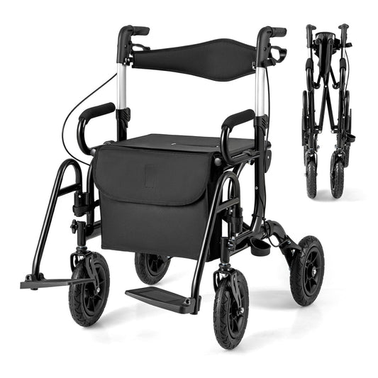 2-in-1 Foldable Rollator Walker shown in both upright and folded positions against a white background