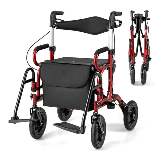 2-in-1 Foldable Rollator Walker with seat and pneumatic tires in red
