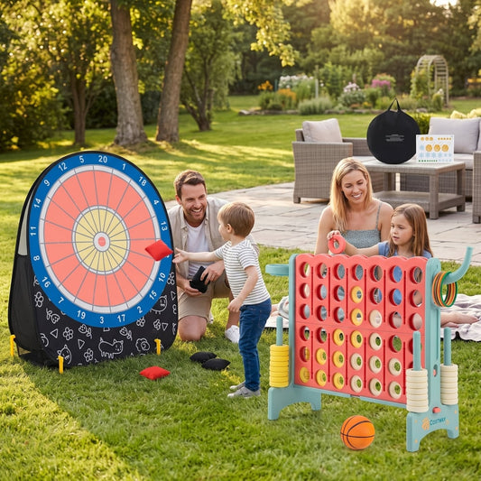 Family playing the giant Connect 4 and soccer dart board lawn games in a garden