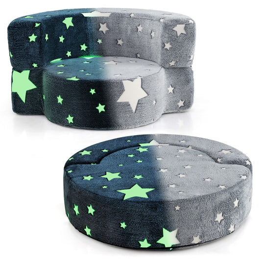 2 in 1 Glow in the Dark Sofa shown in both upright chair and folded flat floor cushion positions