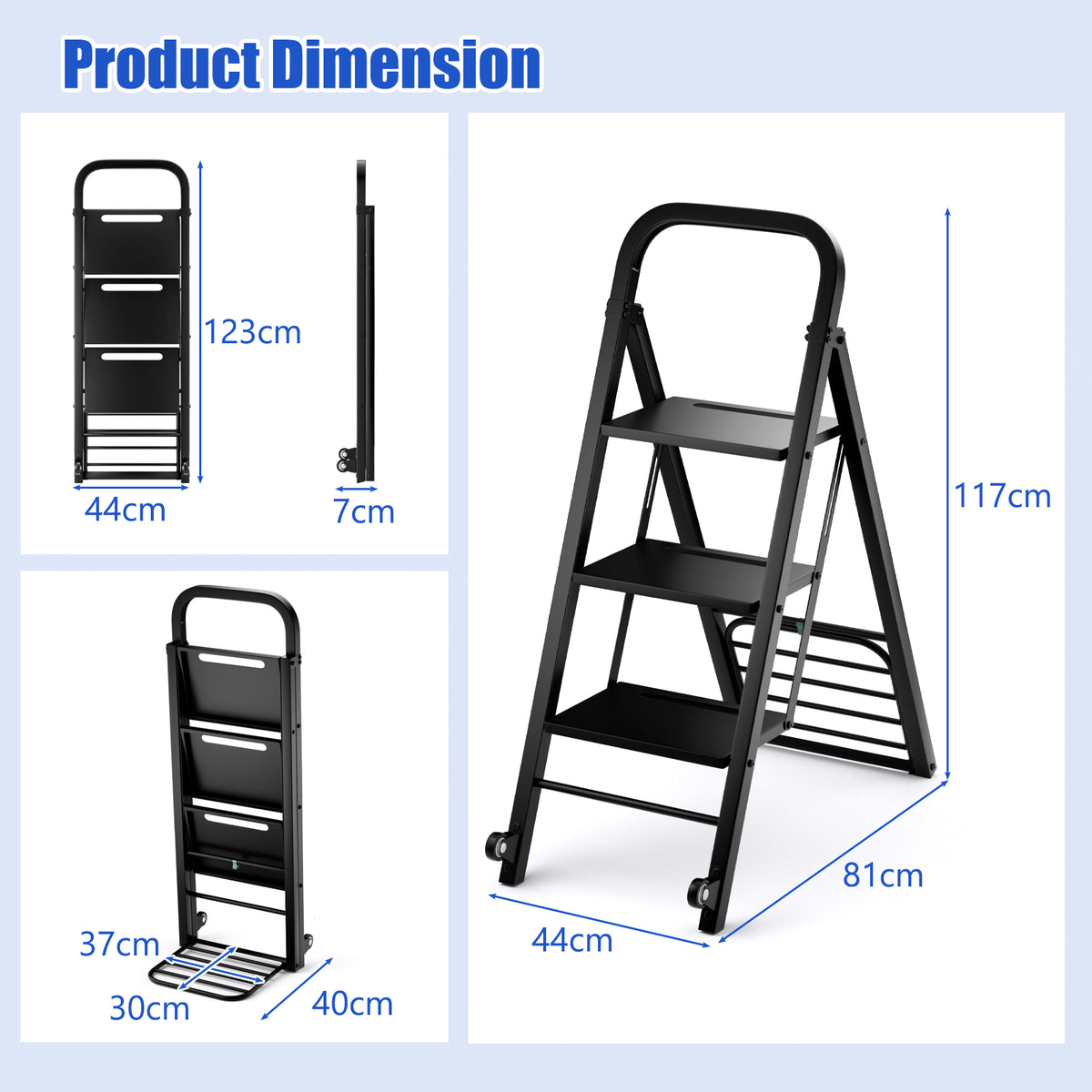 The foldable ladder and hand truck with dimensions shown