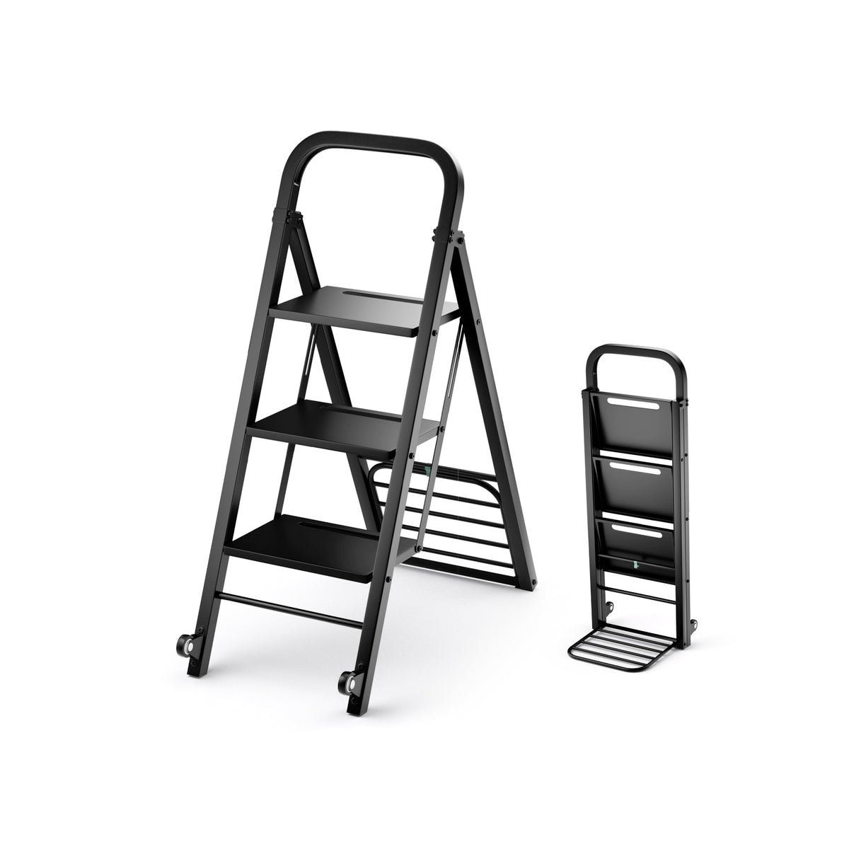 2-In-1 Hand Truck and Ladder foldable black with three steps and wheels