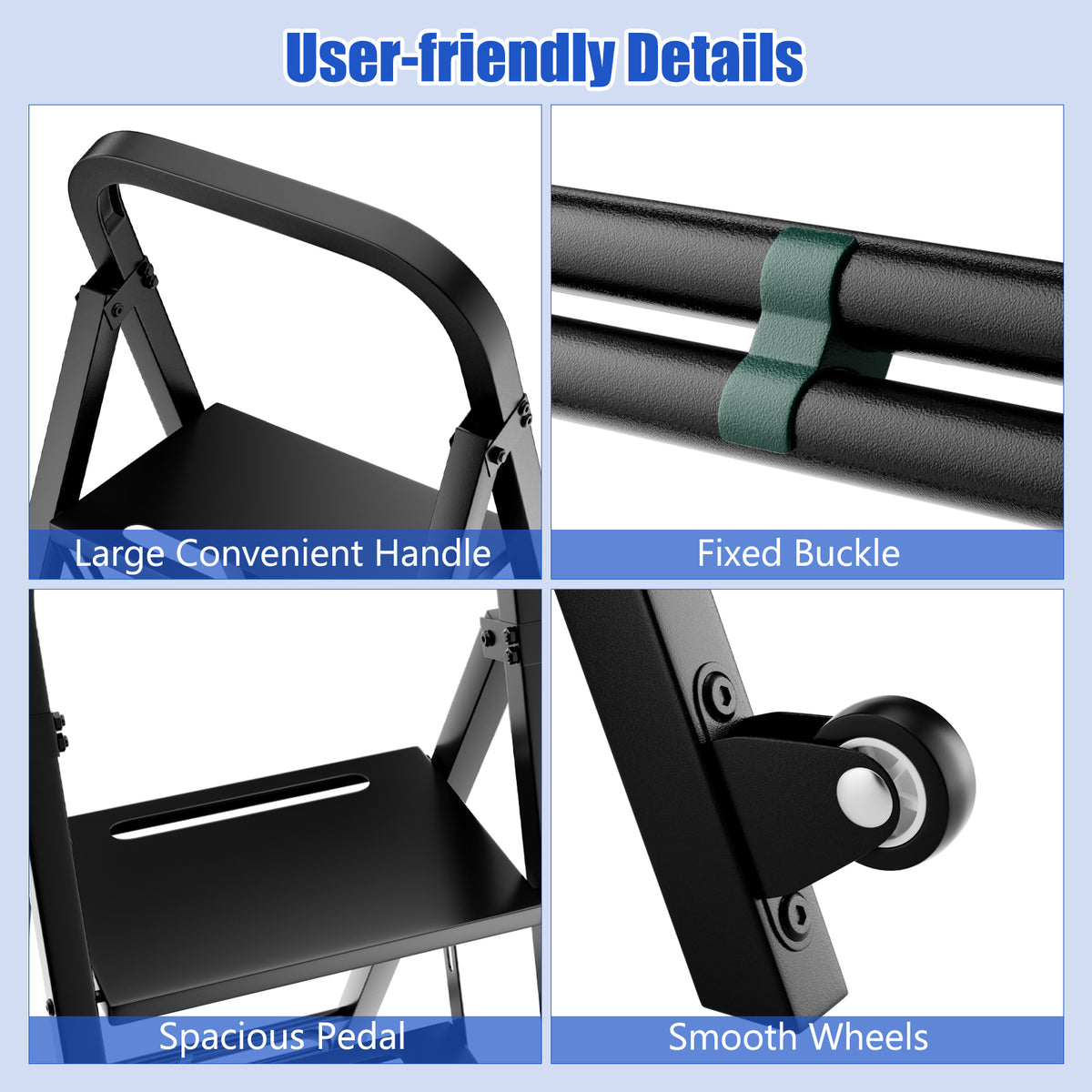 Close up of the foldable ladder and hand truck features