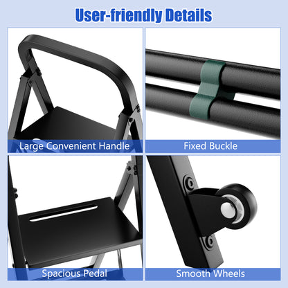 Close up of the foldable ladder and hand truck features