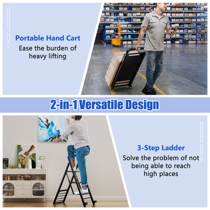 The foldable ladder and hand truck shown in use and folded