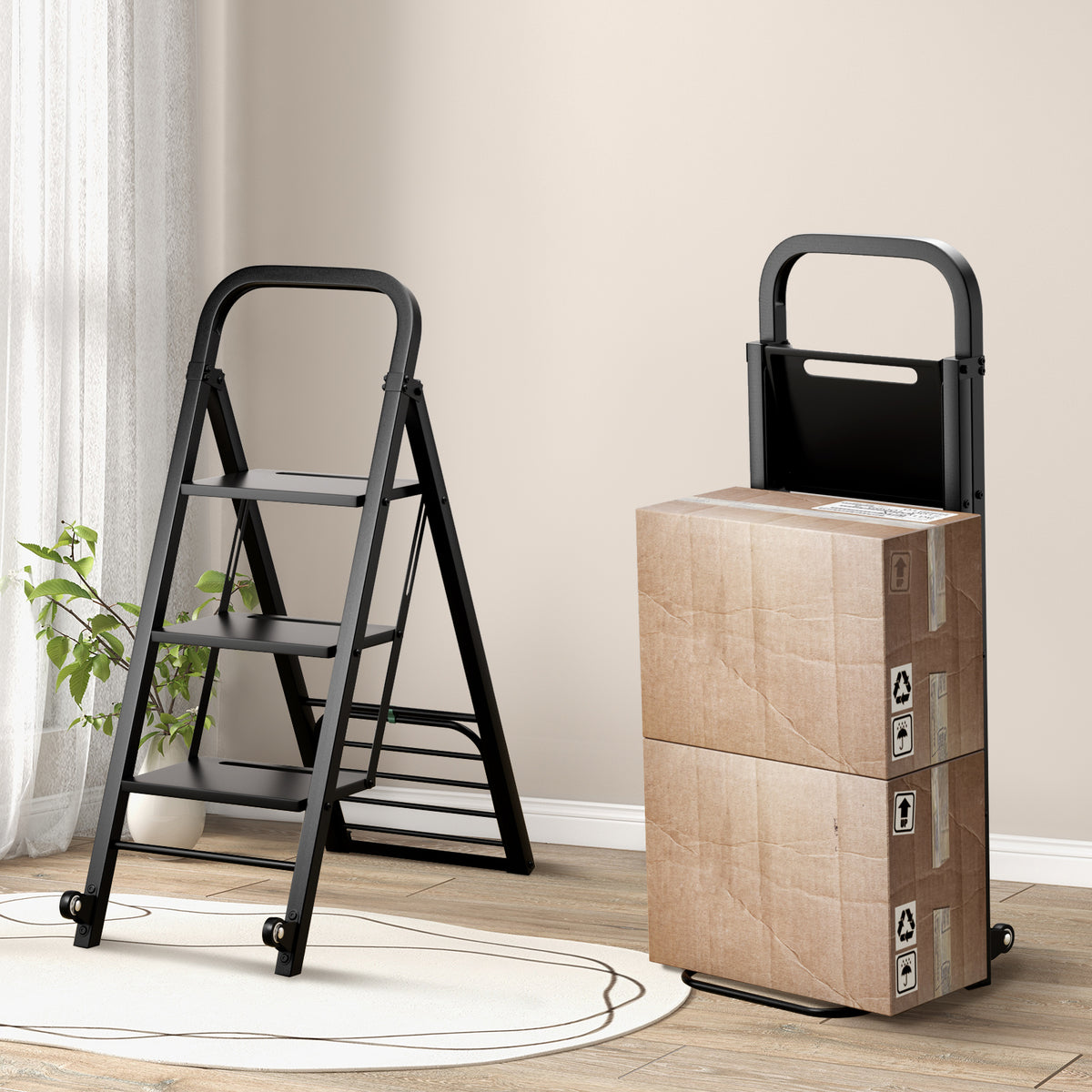 The black foldable ladder and hand truck with boxes