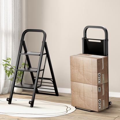 The black foldable ladder and hand truck with boxes