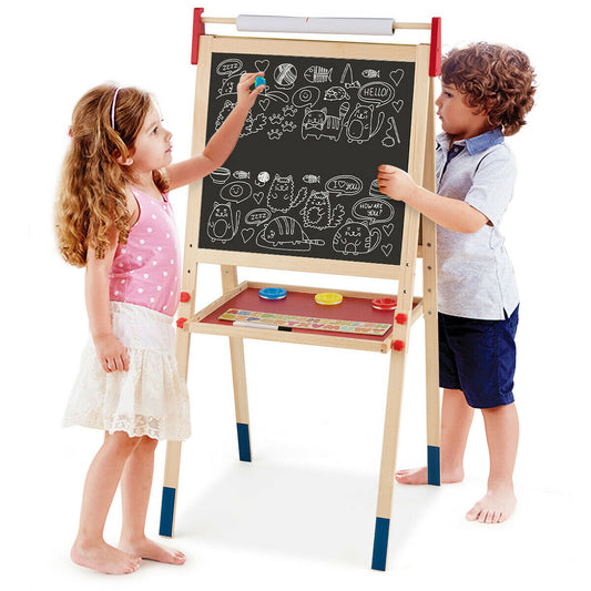 Children drawing on the double sided art easel with chalk and pens
