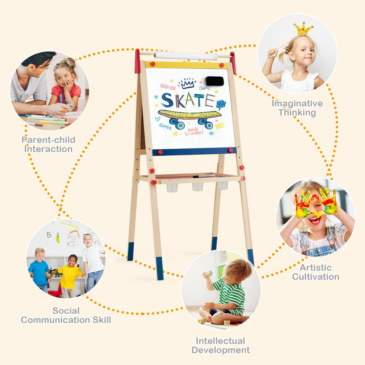 A kids art easel surrounded by illustrations of children enjoying creative activities