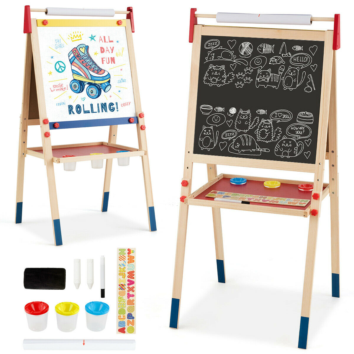 The double sided art easel with drawing supplies laid out