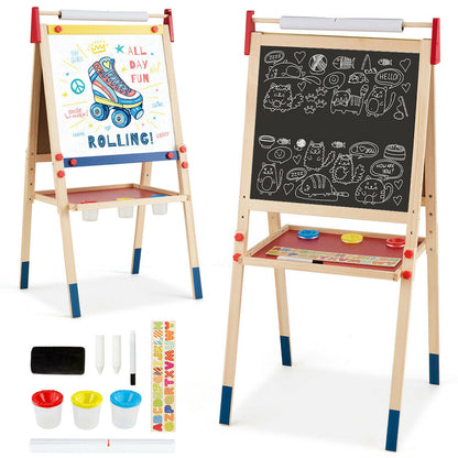 The double sided art easel with drawing supplies laid out