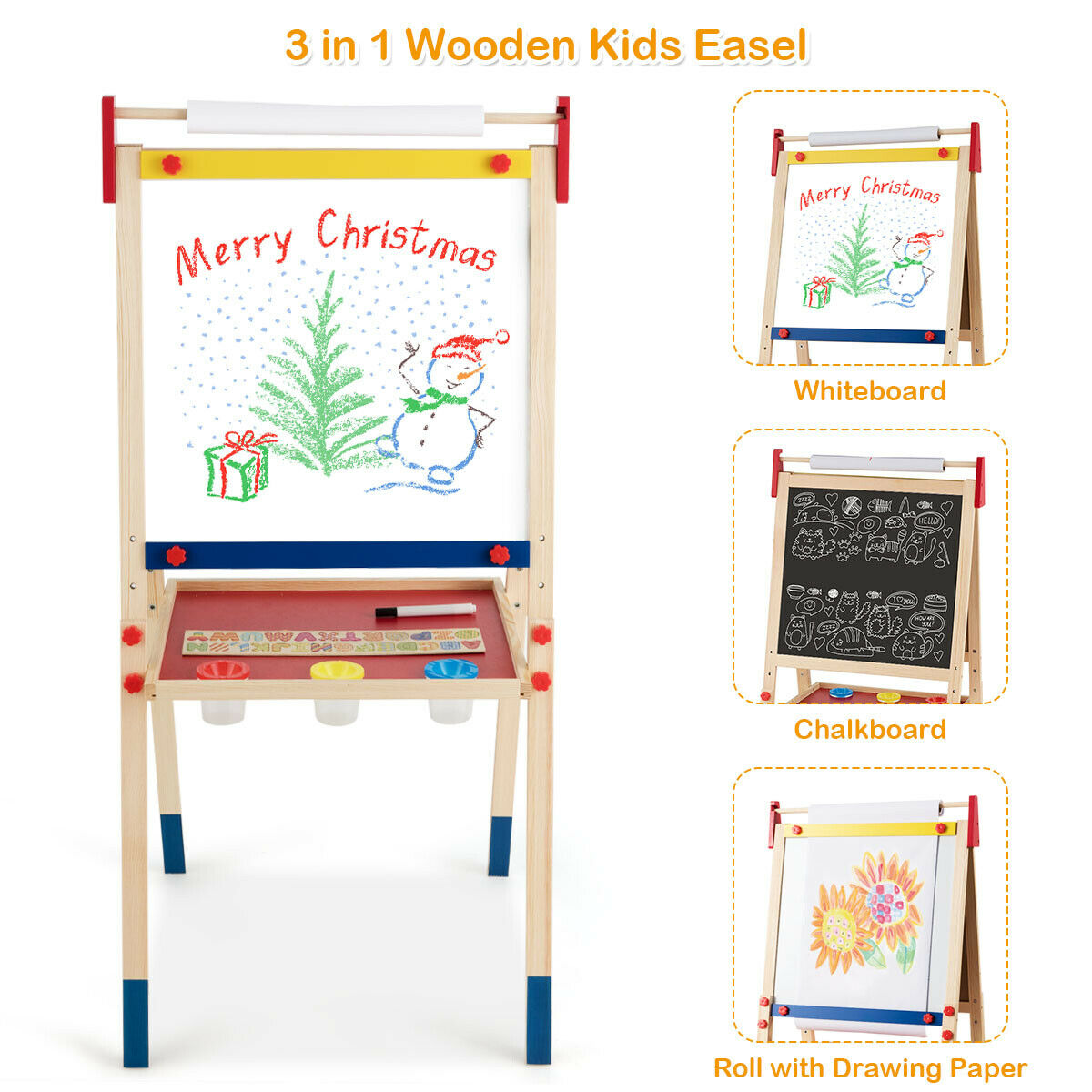 Three different ways to use the kids art easel: whiteboard, chalkboard and drawing roll