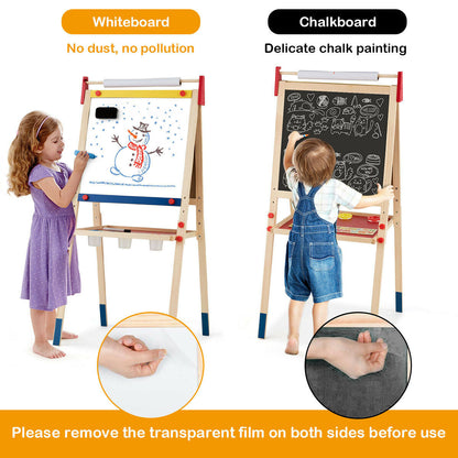 A child drawing on the whiteboard side and another on the chalkboard side of the art easel
