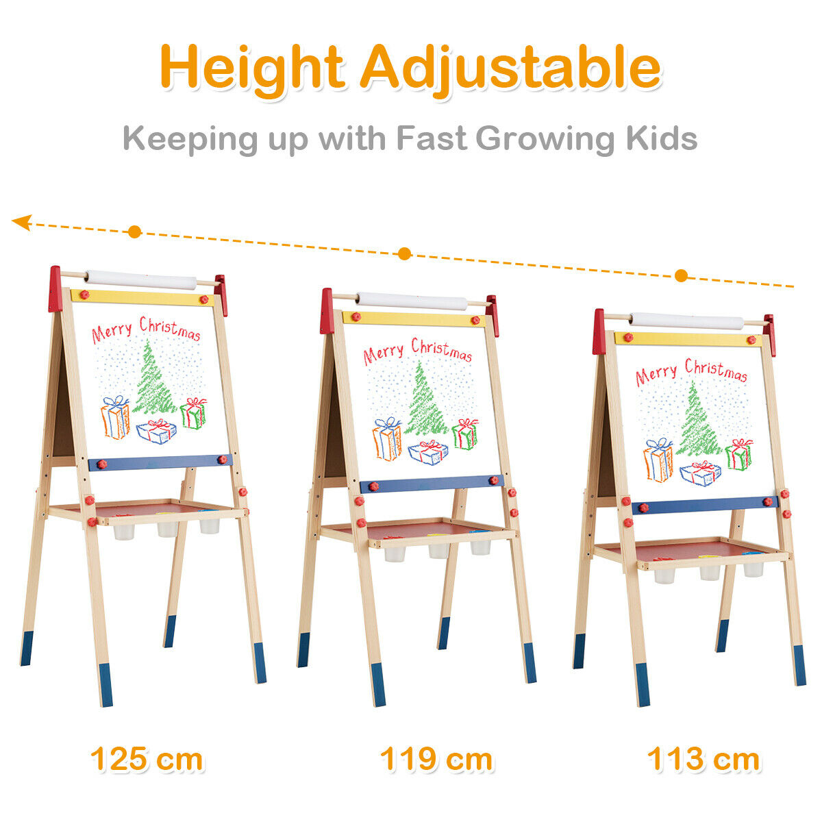 Three kids art easels shown at different heights to demonstrate adjustability
