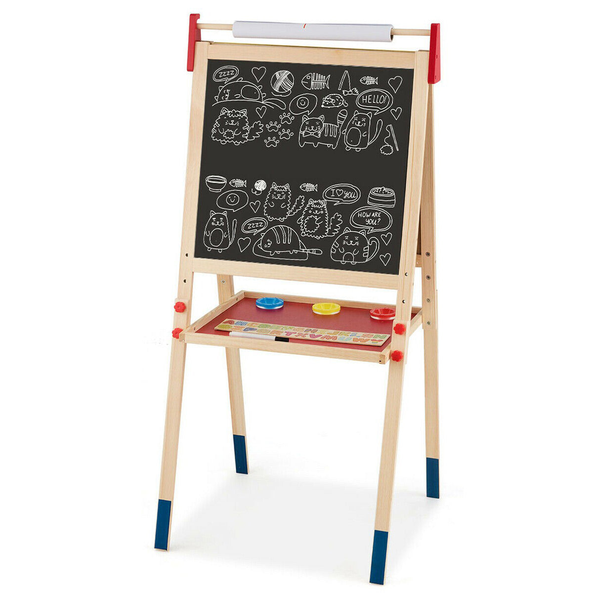 2 IN 1 Kids Art Easel Double Sided Chalk Board Tray with a roll of paper at the top and a tray below