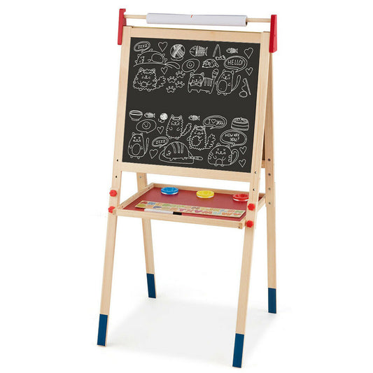 2 IN 1 Kids Art Easel Double Sided Chalk Board Tray with a roll of paper at the top and a tray below