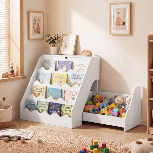 The kids storage unit filled with books and toys in a bright child's bedroom