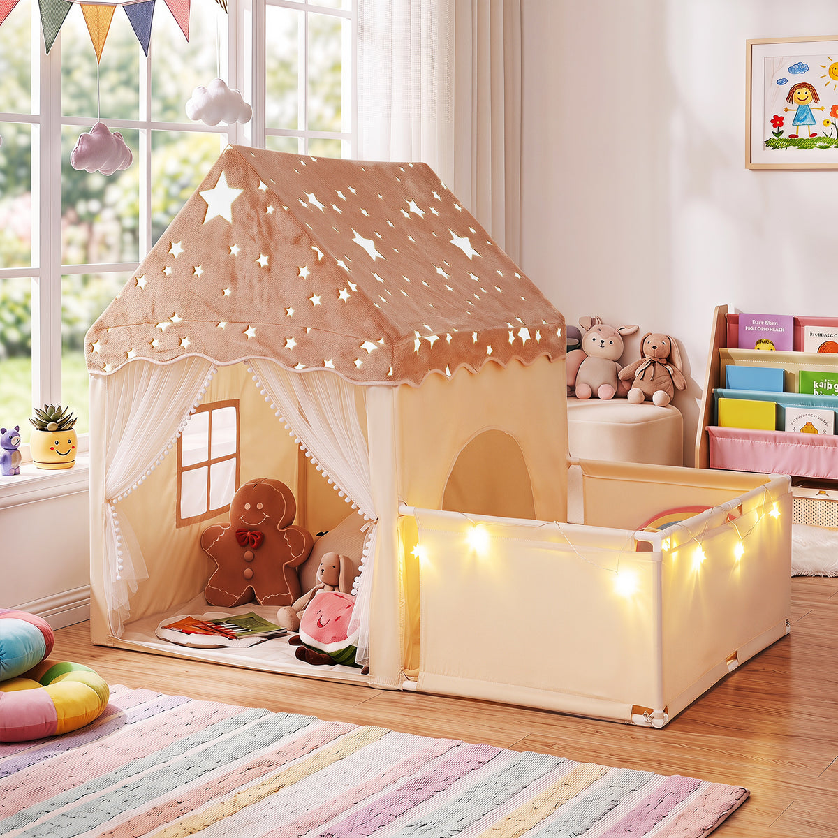 The play tent set up in a bright nursery with toys and a rug