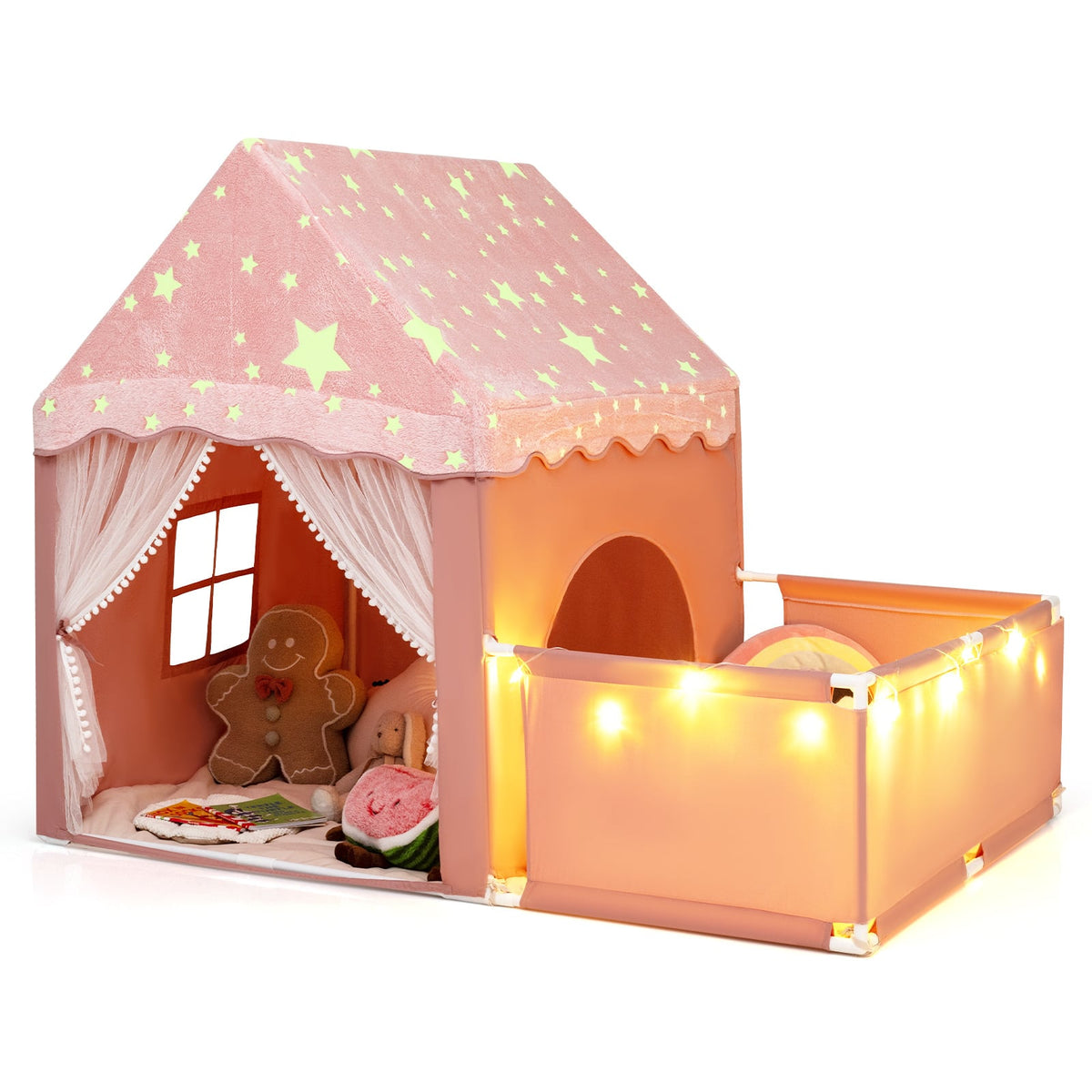 2-in-1 Kids Camping Tent with attachable side playpen in pink with glow in the dark stars