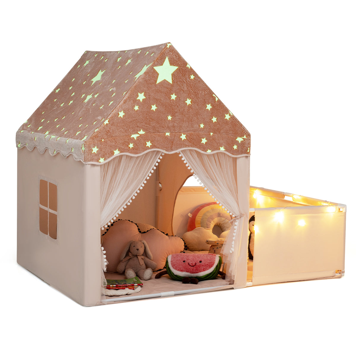 The play tent showing the side playpen area with soft toys