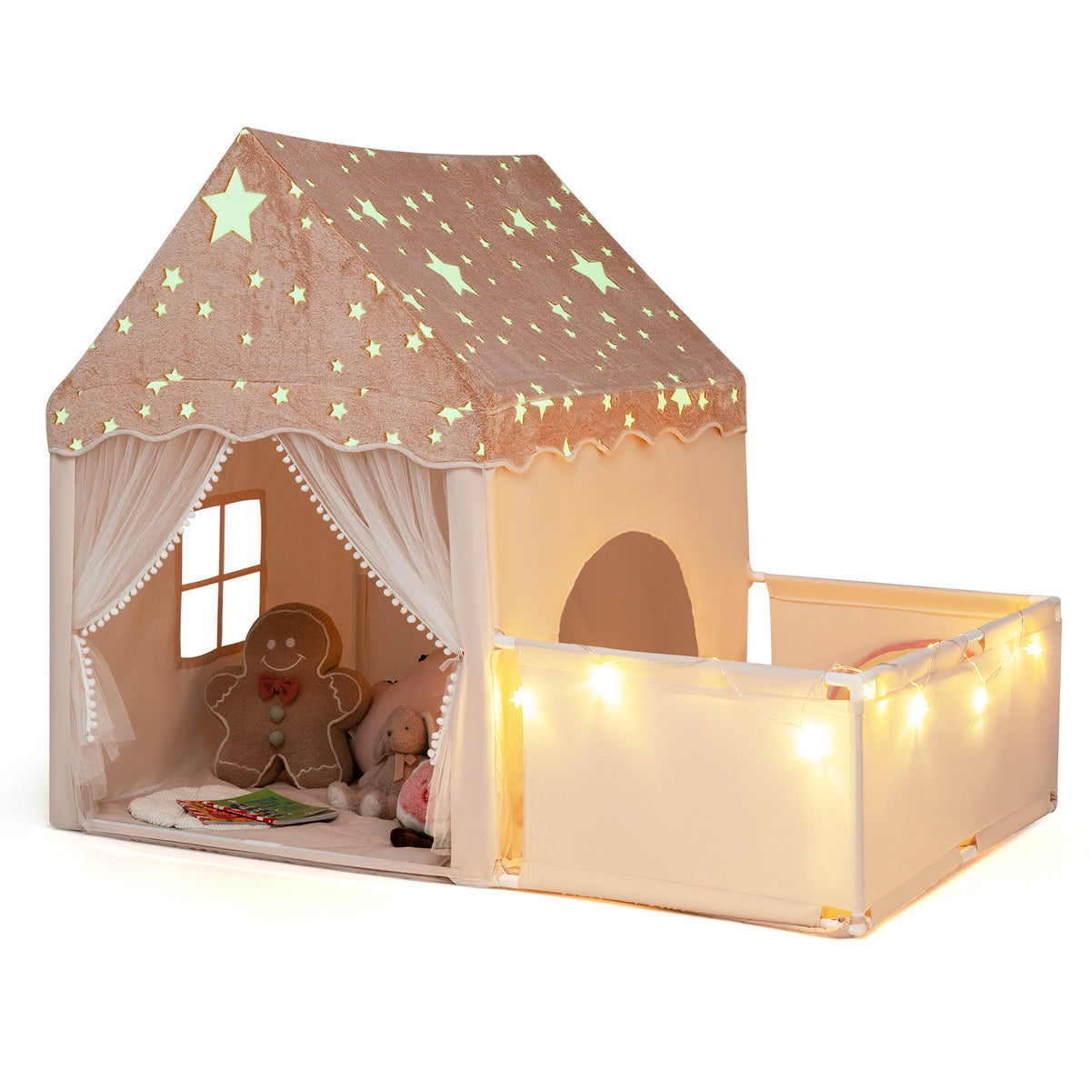 2-in-1 Kids Camping Tent with beige fabric and star pattern on the roof
