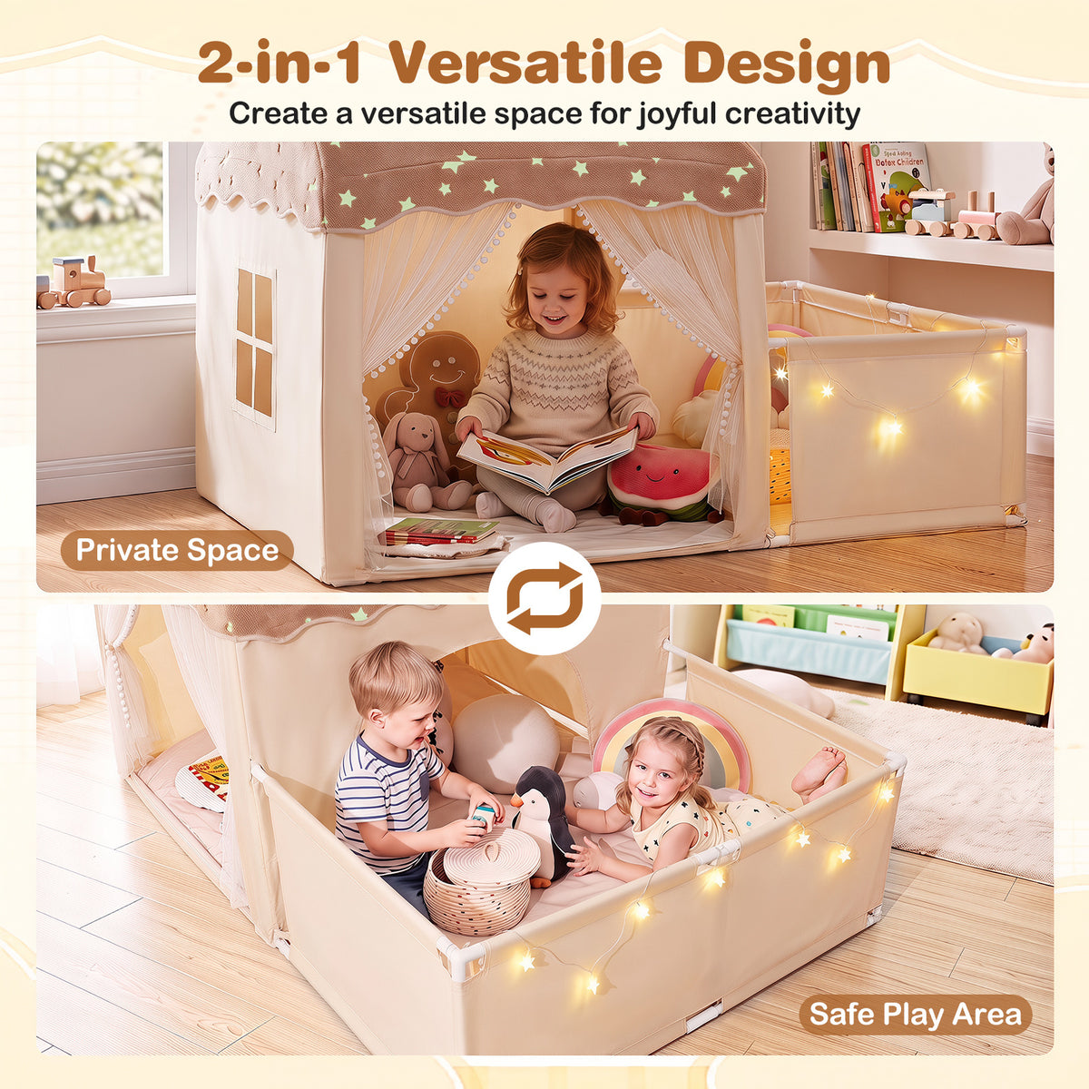 The play tent showing the private space and safe play area