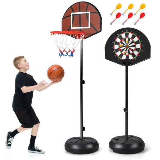 2-in-1 Kids Height Adjustable Basketball Hoop with Dart Board showing a boy about to shoot a basketball and the dart board
