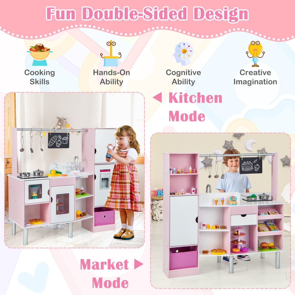 Demonstration of the fun double-sided design of the pink play kitchen and market set, showing kitchen and market modes