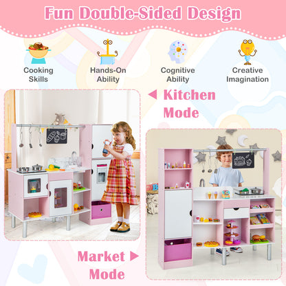 Demonstration of the fun double-sided design of the pink play kitchen and market set, showing kitchen and market modes