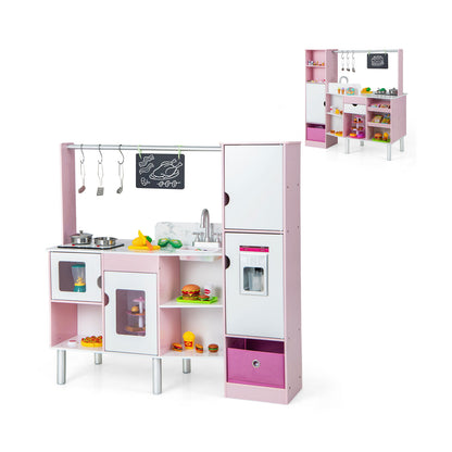 2-in-1 Kids Kitchen and Market Double-sided Play Kitchen showing the cooking area and fridge unit