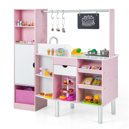 The pink play kitchen and market set with the market side facing forward, displaying shelves with toy food items
