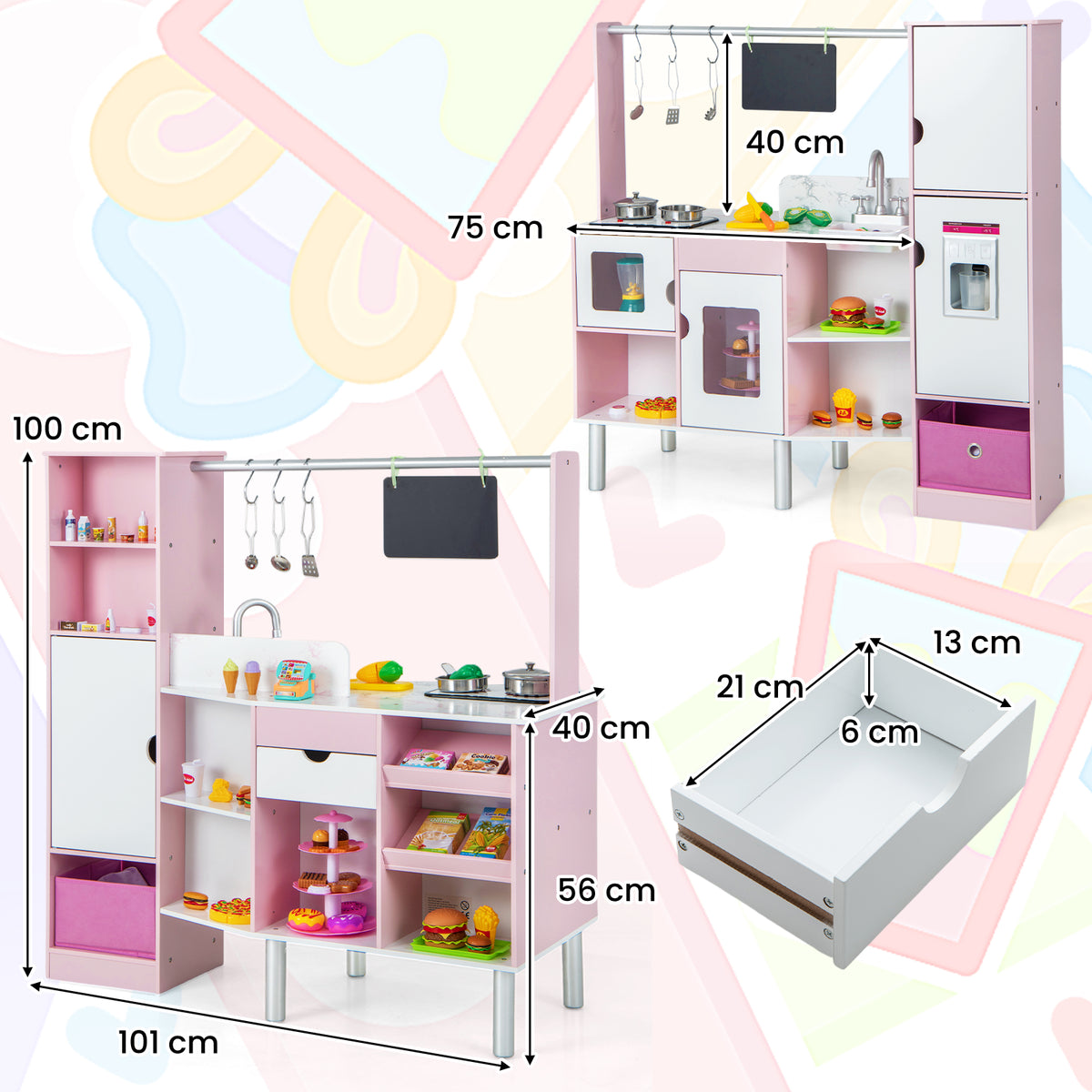 Dimensions of the pink play kitchen and market set, with measurements for height, width, and depth of the unit and a drawer