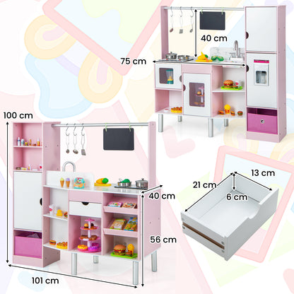 Dimensions of the pink play kitchen and market set, with measurements for height, width, and depth of the unit and a drawer