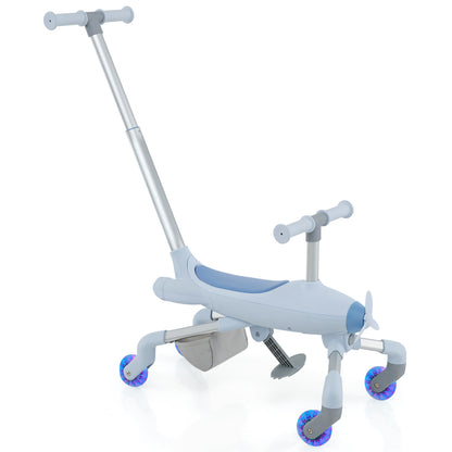 2-in-1 Kids Ride-On Push Car with blue body and lighted wheels