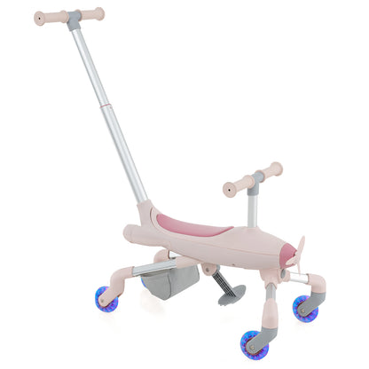 2-in-1 Kids Ride-on Push Car in pink with a long handle and glowing blue wheels on a white background