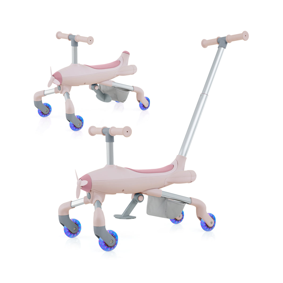 The push and pedal toy shown from two different angles to display the design and handle