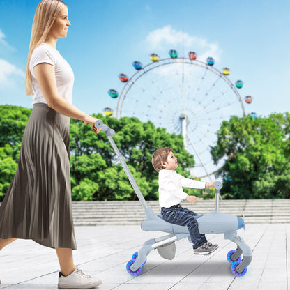 Woman pushing a toddler on the blue ride-on push car with lighted wheels