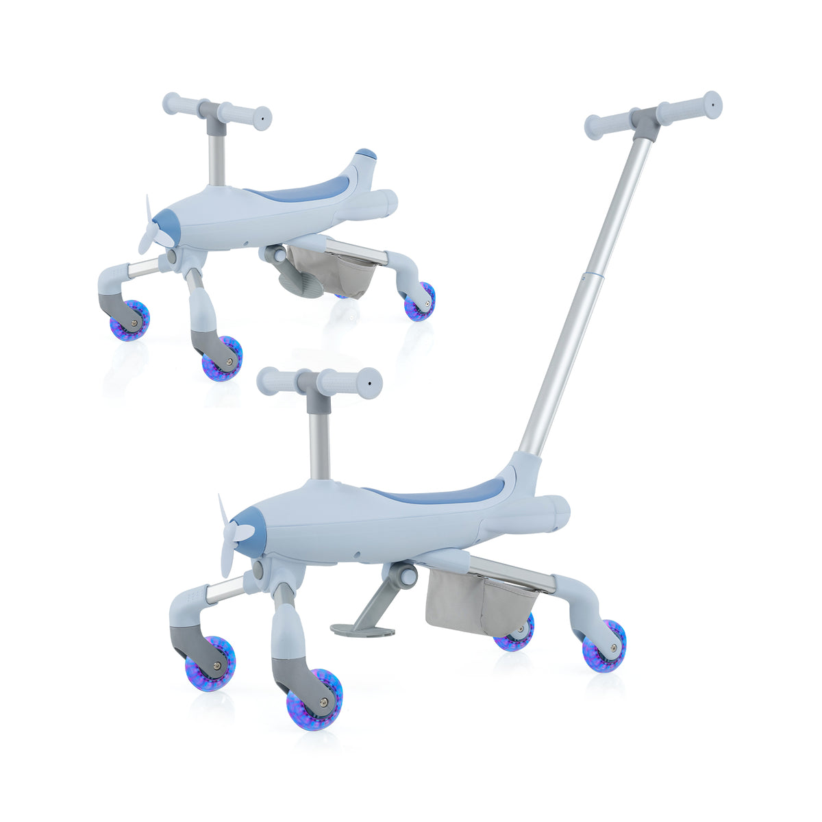 Two views of the blue 2-in-1 kids ride-on push car with lighted wheels