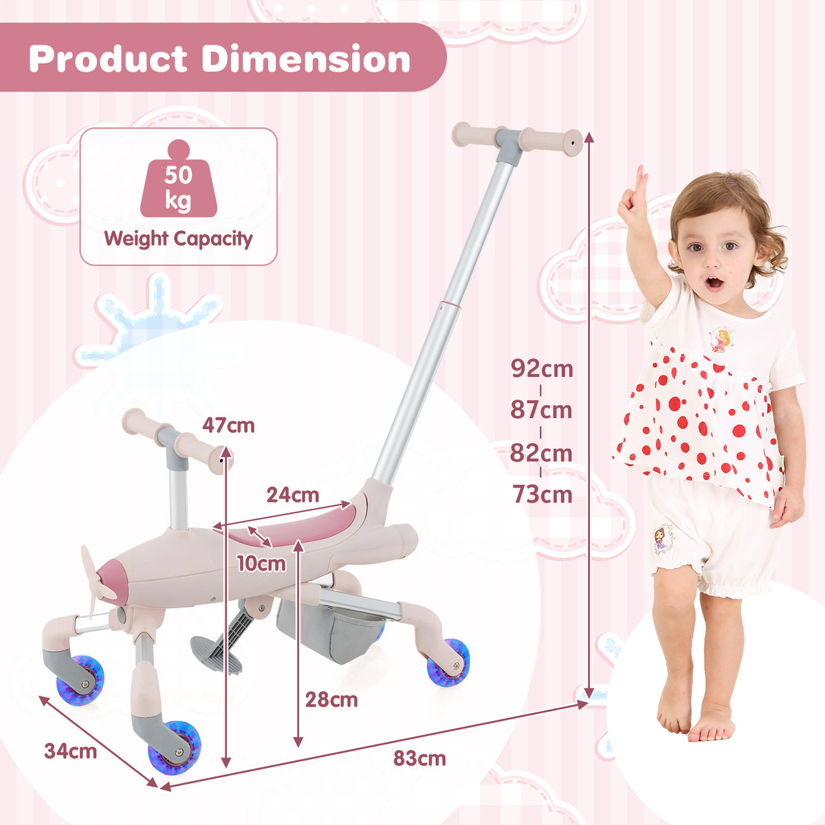 The ride on toy shown with technical lines and labels indicating its various dimensions