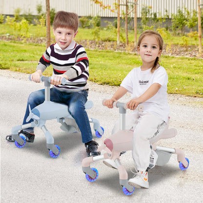 Two children sitting on the ride on toy in different colours on a paved path in a garden
