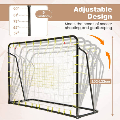 Black soccer rebounder and goal with adjustable angles shown in multiple positions